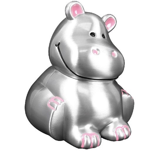 Flodhest sparebøsse fra Nordahl Andersen i fortinnet med lyserøde detaljer, 12,5 cm.